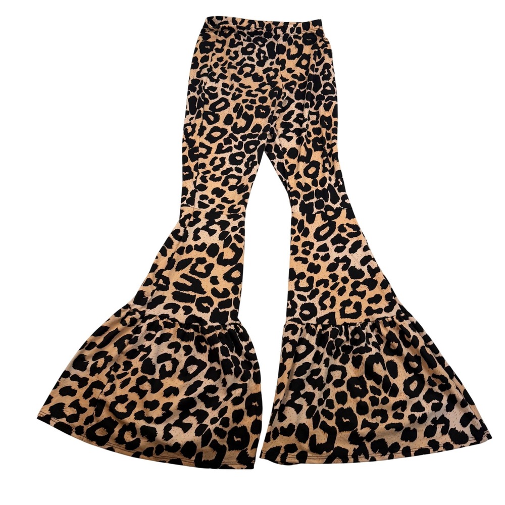 Minette Leopard Print Bell Bottom Ruffle Flare Pants Small MB31408 NWT